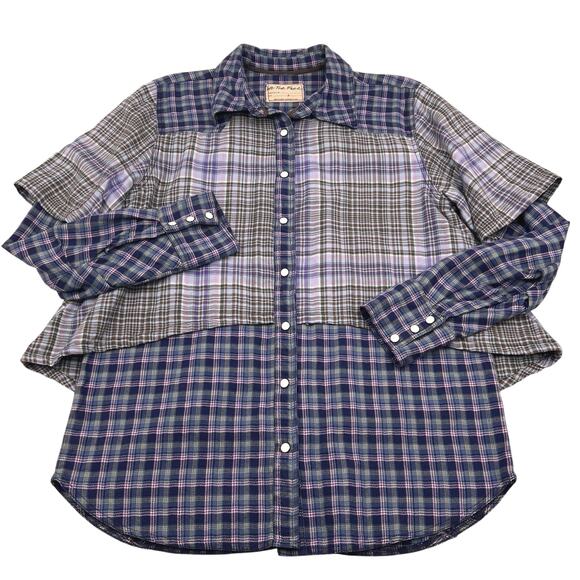 We The Free Womens Boho Blue Layer It Up Plaid Button Up Layered Shirt Sz S - Picture 2 of 16